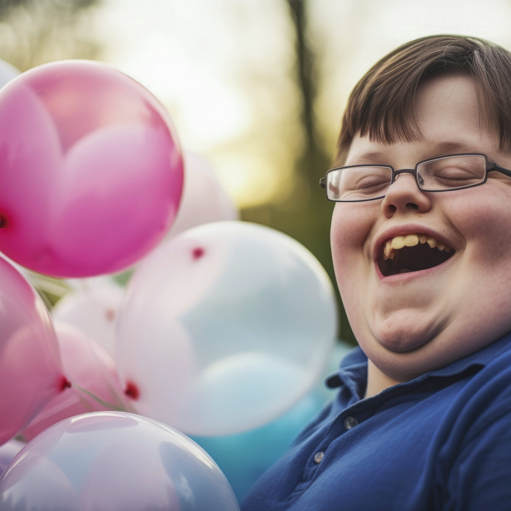 Generative AI illustration of a boy with down syndrome at a party with pink balloons.Inclusion