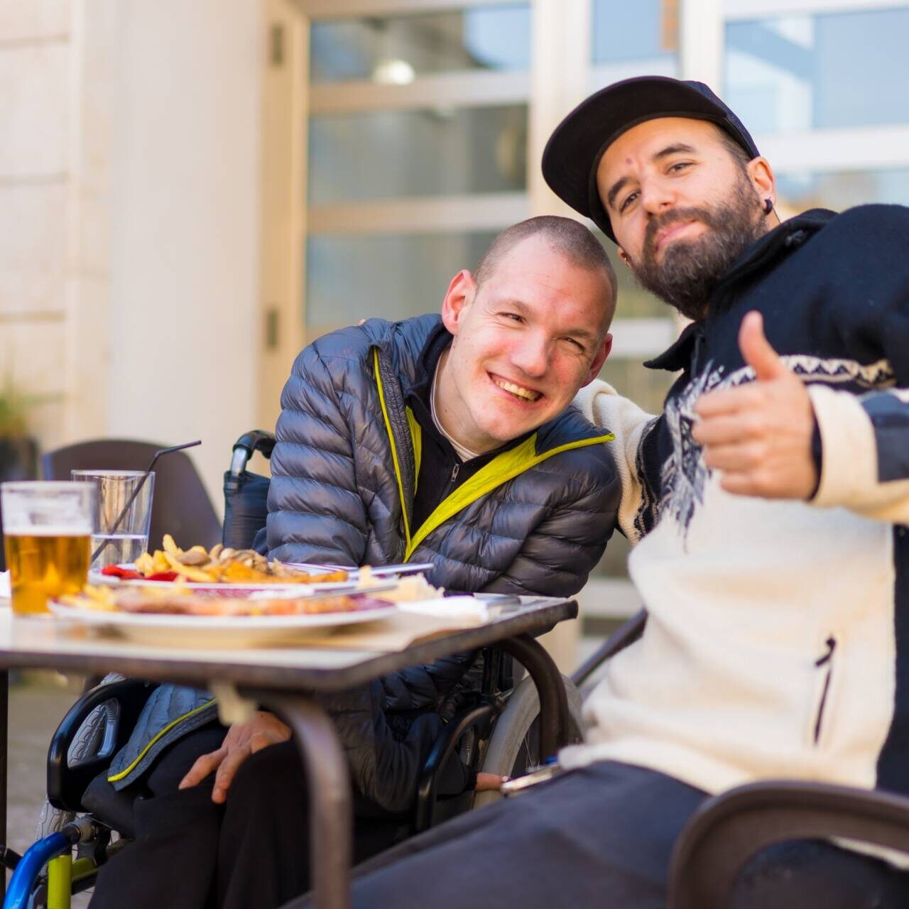 selfie-portrait-friends-eating-restaurant-terrace-disabled-person-eating